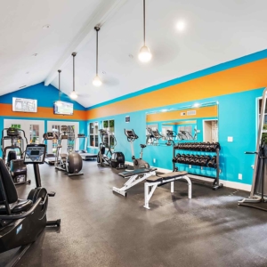 Fitness center at Tonti Lakeside with flat screens, free weights, bicycles, treadmills and weight machines